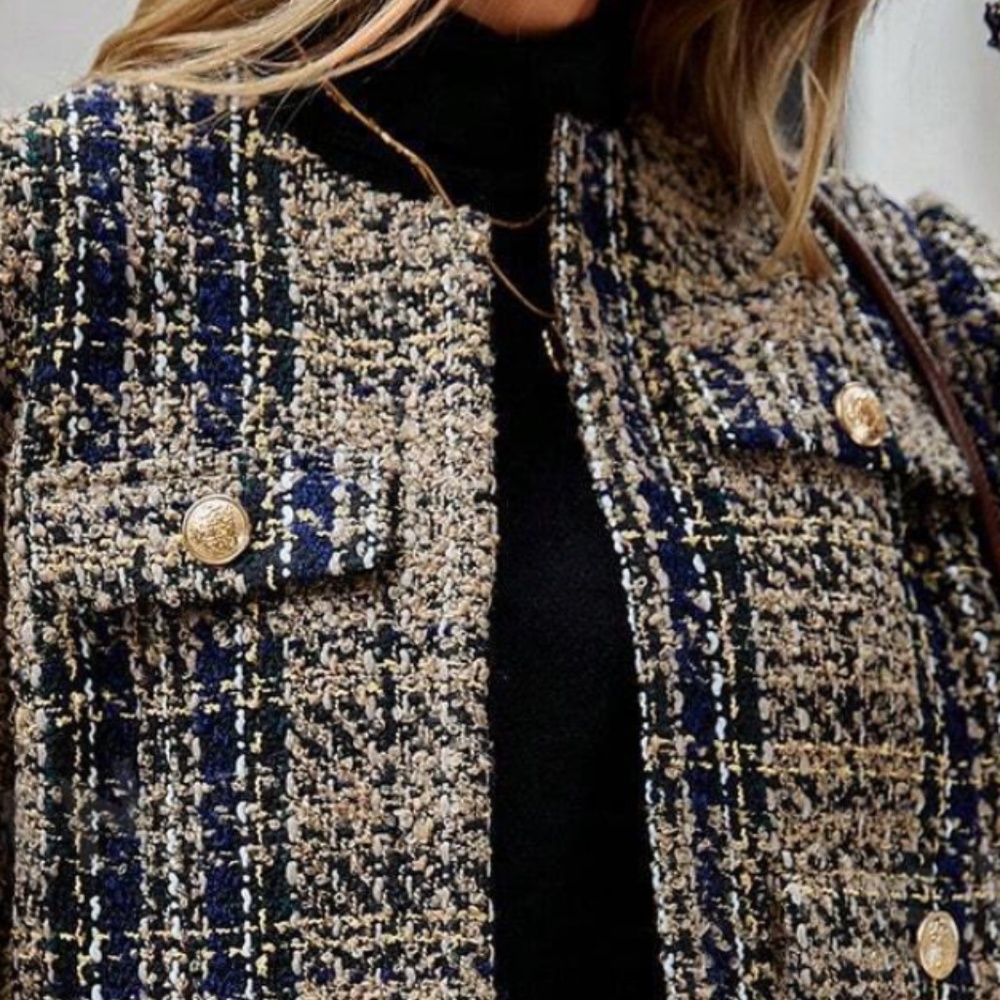 Classic Plaid Print Tweed Open Front Jacket Coat - Picture 6 of 9
